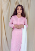 Baby pink georgette 3-piece set by LVW Fashion Luxurious Chikankari featuring intricate embroidery and soft fabric.
