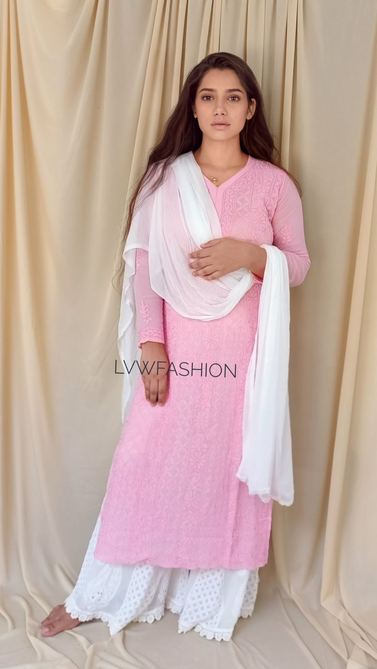 Baby pink premium georgette 3-piece set by LVW Fashion with intricate chikankari embroidery, suitable for special occasions.