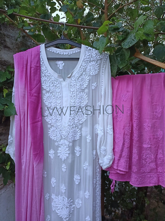 Beautiful Adaya Premium Georgette 3-piece Plazzo Set with intricate Chikankari embroidery, by LVW Fashion.