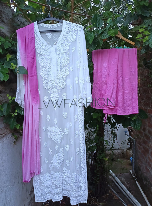 Beautiful Adaya Premium Georgette 3-piece Plazzo Set by LVW Fashion, featuring intricate Chikankari embroidery in elegant design.