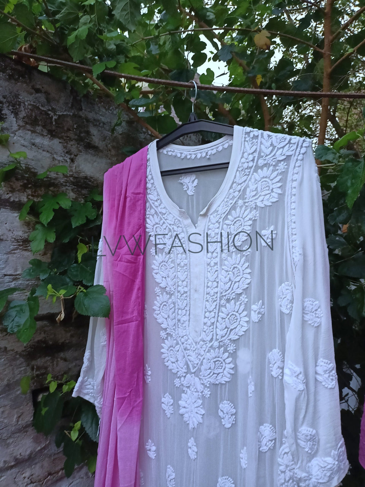 Elegant Adaya Premium Georgette 3-piece Plazzo Set by LVW Fashion with intricate chikankari detailing on soft fabric.