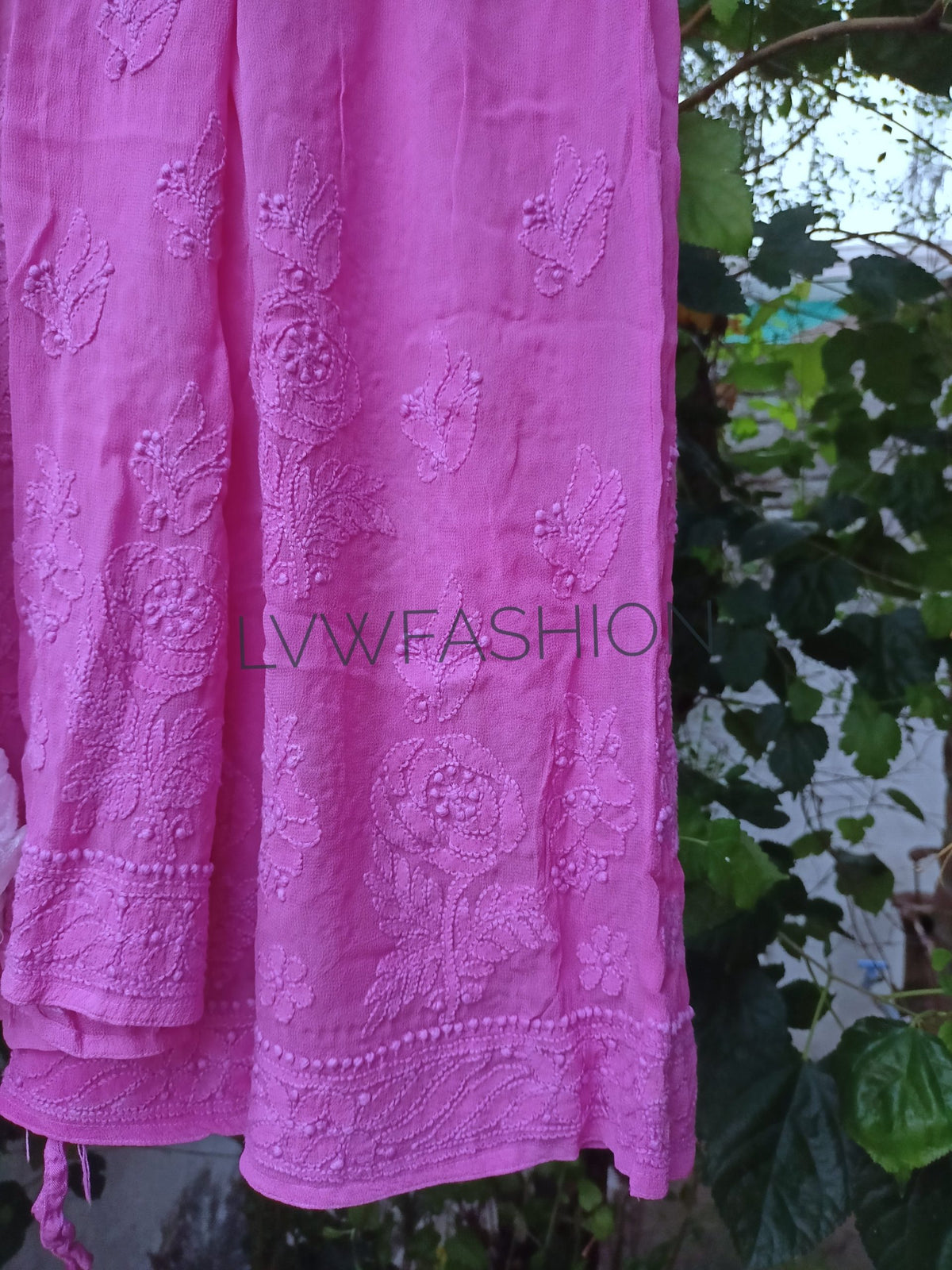 Beautiful Adaya Premium Georgette 3-piece plazzo set with intricate Chikankari embroidery, featuring flowing fabric and elegant design.