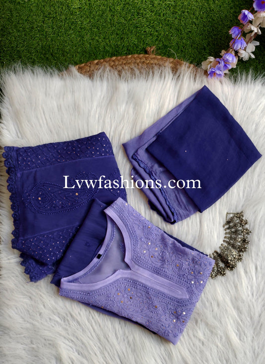 Beautiful blue ombre Chikankari 3-piece set by LVW Fashion featuring intricate embroidery on traditional attire.