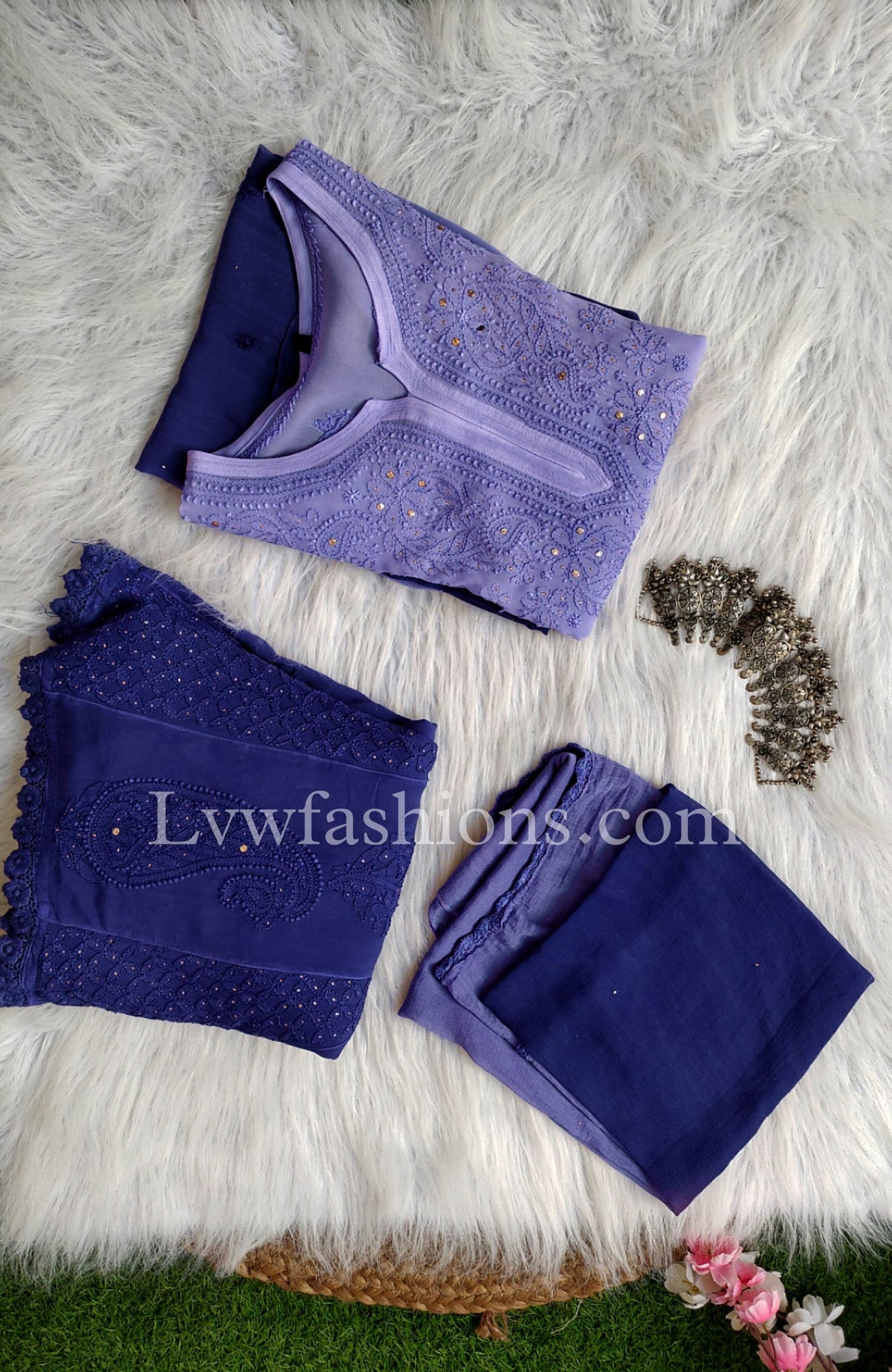 Beautiful blue ombre Chikankari 3-piece set by LVW Fashion featuring intricate embroidery and elegant traditional design.