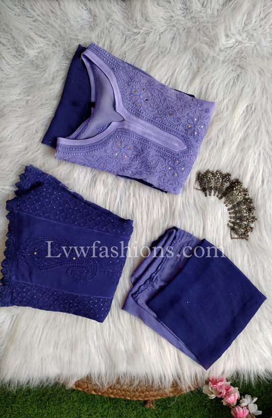 Beautiful blue ombre Chikankari 3-piece set by LVW Fashion featuring intricate embroidery and elegant traditional design.