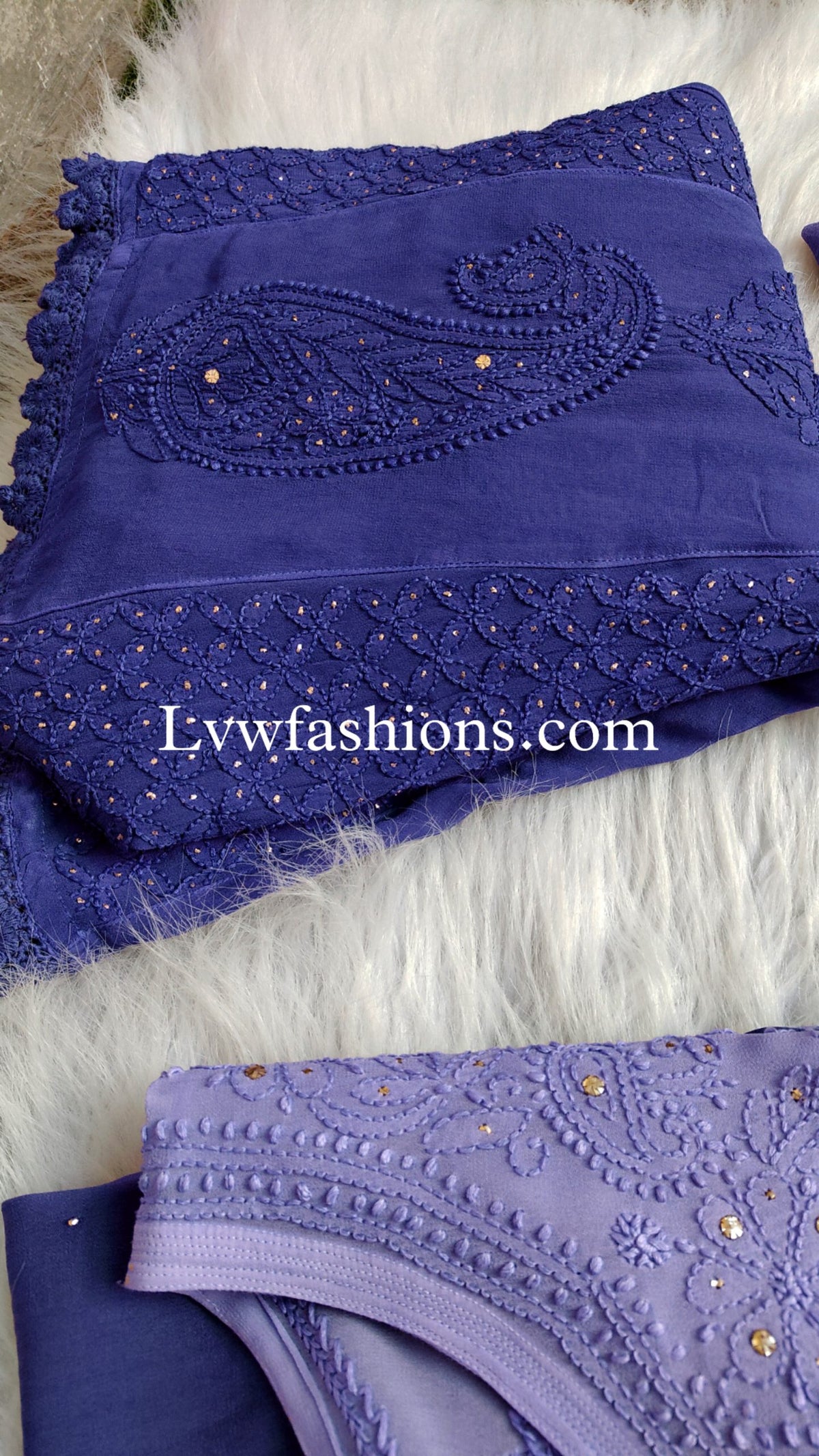 Beautiful blue ombre Chikankari 3-piece set by LVW Fashion, featuring intricate hand-embroidery and elegant traditional design.