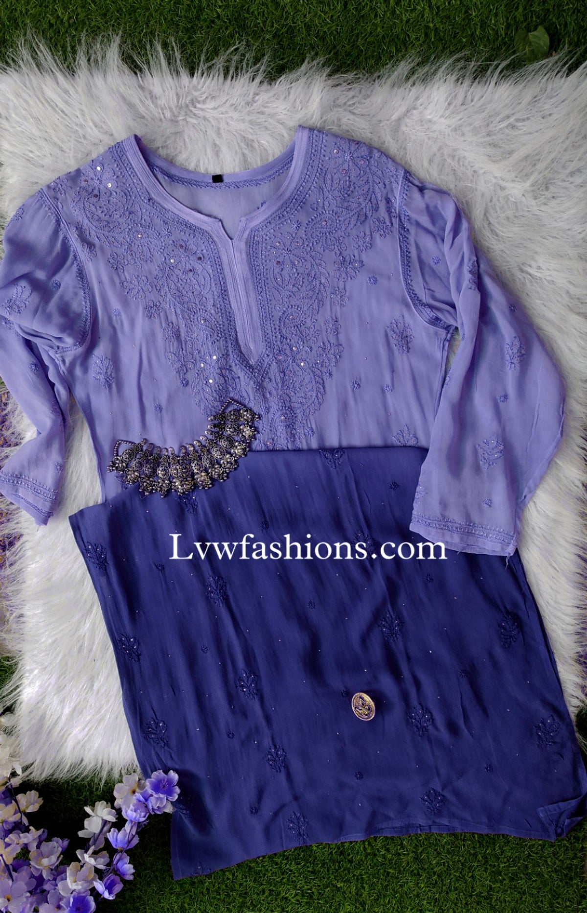 Beautiful blue ombre Chikankari 3-piece set by LVW Fashion featuring intricate embroidery and elegant traditional design.