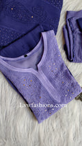Beautiful blue ombre Chikankari 3-piece set by LVW Fashion, featuring intricate embroidery and elegant fabric details.