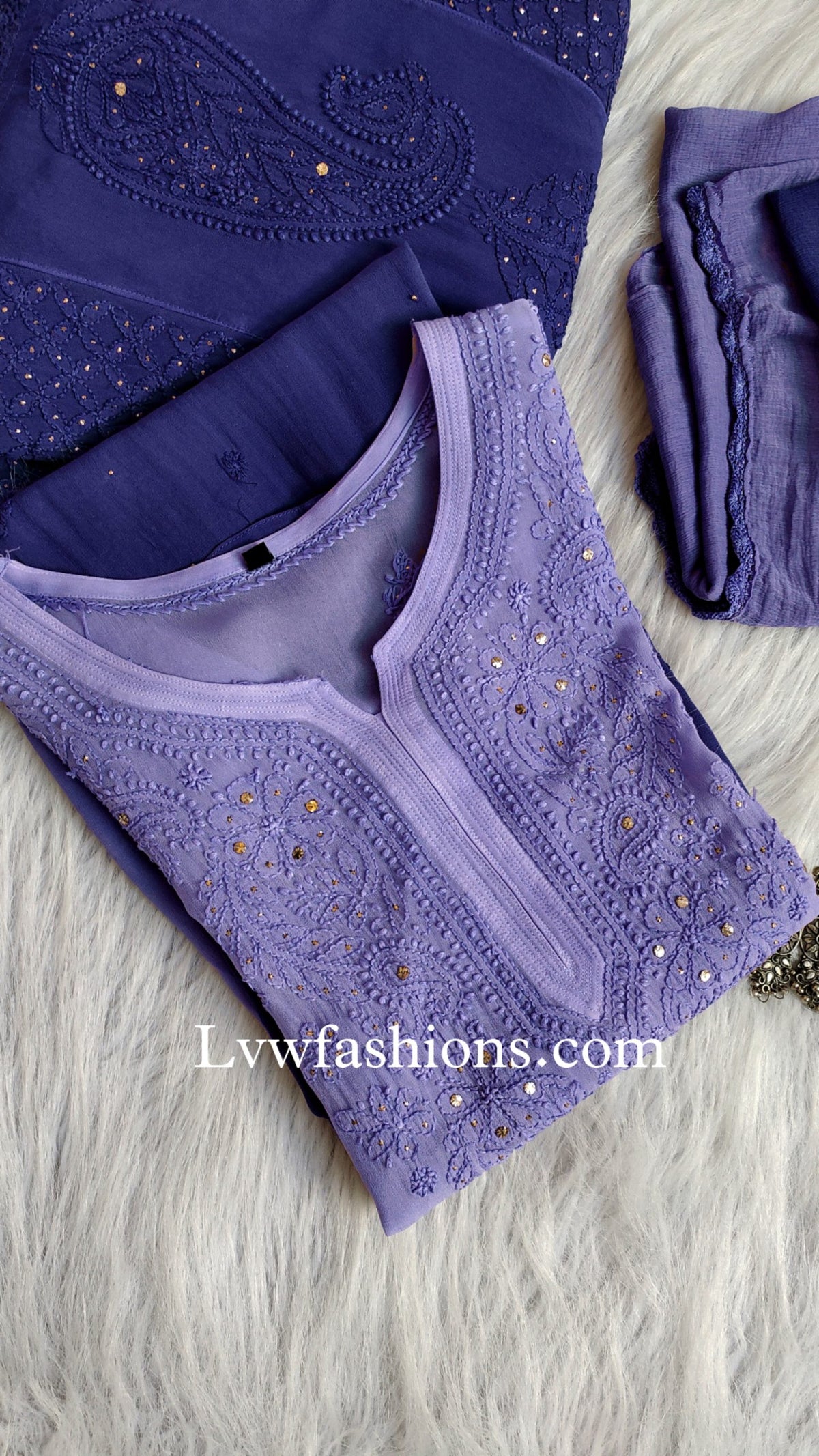Beautiful blue ombre Chikankari 3-piece set by LVW Fashion, featuring intricate embroidery and elegant fabric details.