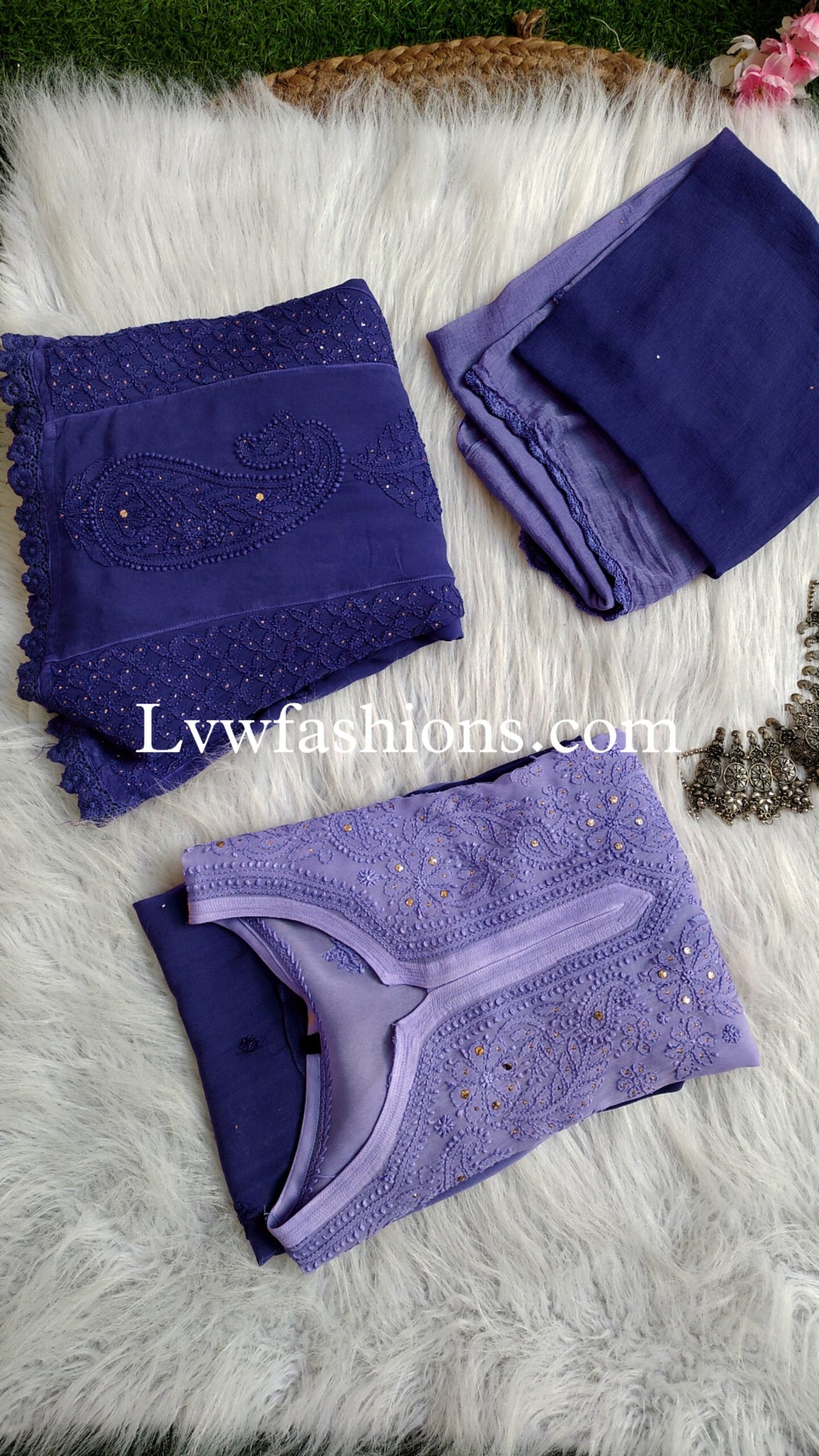 Beautiful blue ombre Chikankari 3-piece set by LVW Fashion featuring intricate embroidery and traditional design details.