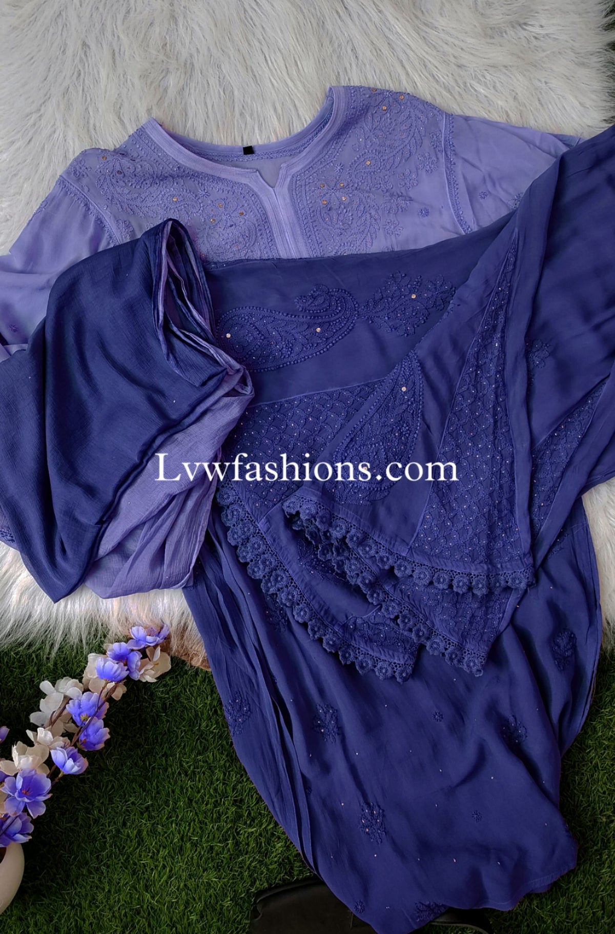 Beautiful blue ombre Chikankari 3-piece set by LVW Fashion, featuring intricate embroidery on traditional fabric.