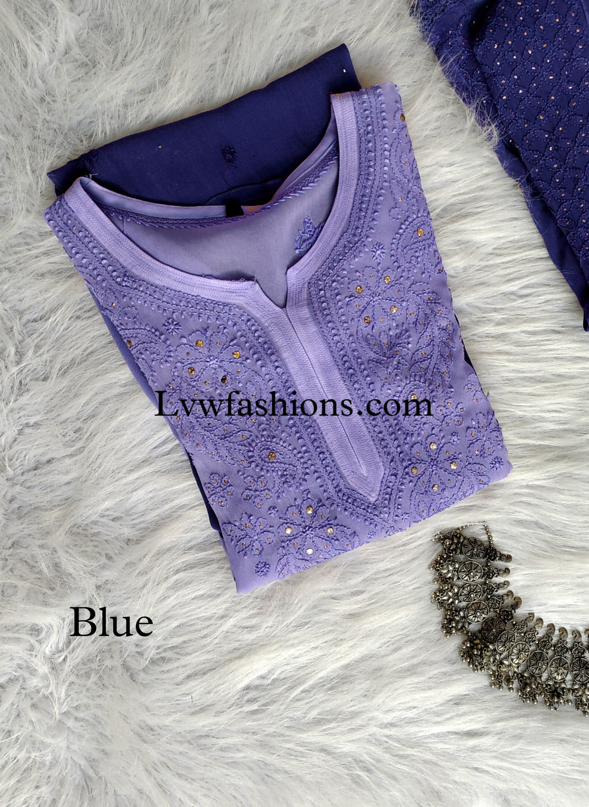Beautiful blue ombre Chikankari 3-piece set by LVW Fashion featuring intricate hand embroidery and elegant traditional design.