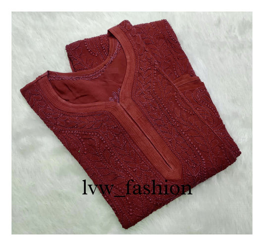 Beautiful carrot maroon premium georgette kurta with intricate chikankari embroidery by LVW Fashion Luxurious Chikankari.