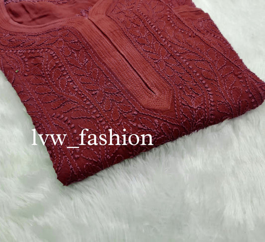 Beautiful maroon georgette kurta with intricate chikankari embroidery, premium quality from LVW Fashion Luxurious Chikankari.