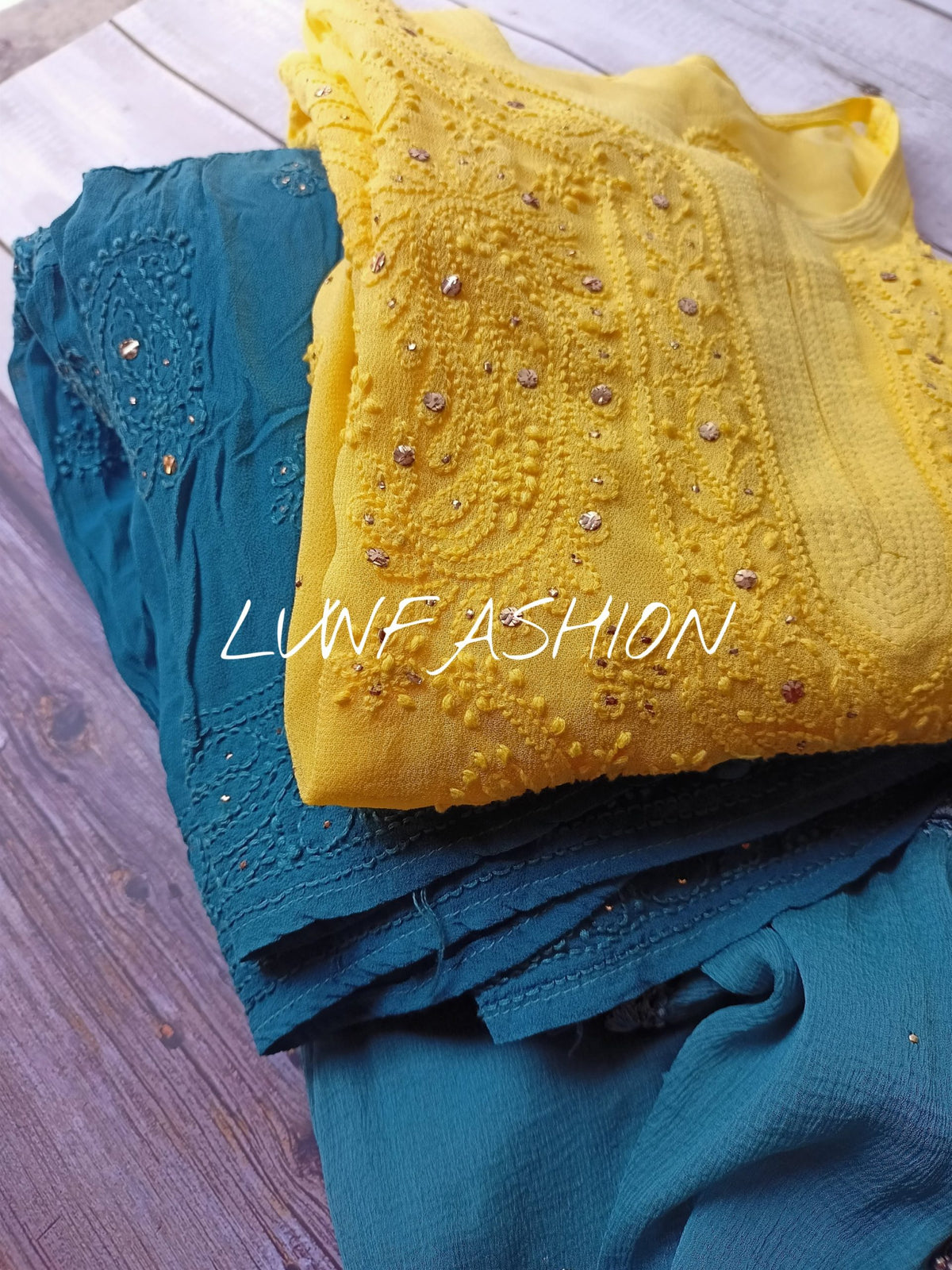 Luxurious LVW Fashion Chikankari 3-piece set in premium georgette, featuring intricate embroidery and elegant design.