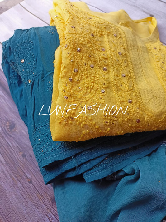 Luxurious LVW Fashion Chikankari 3-piece set made of premium georgette with intricate embroidery, displayed on a white background.