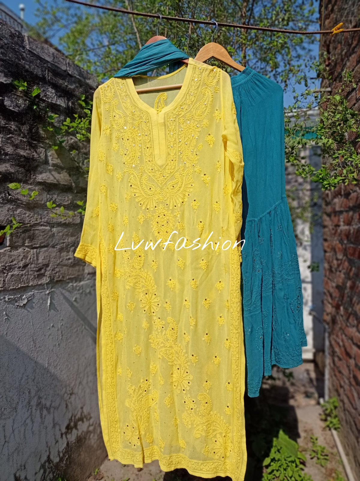 Luxurious LVW Fashion Chikankari 3-piece set in premium georgette, showcasing intricate embroidery and elegant design.