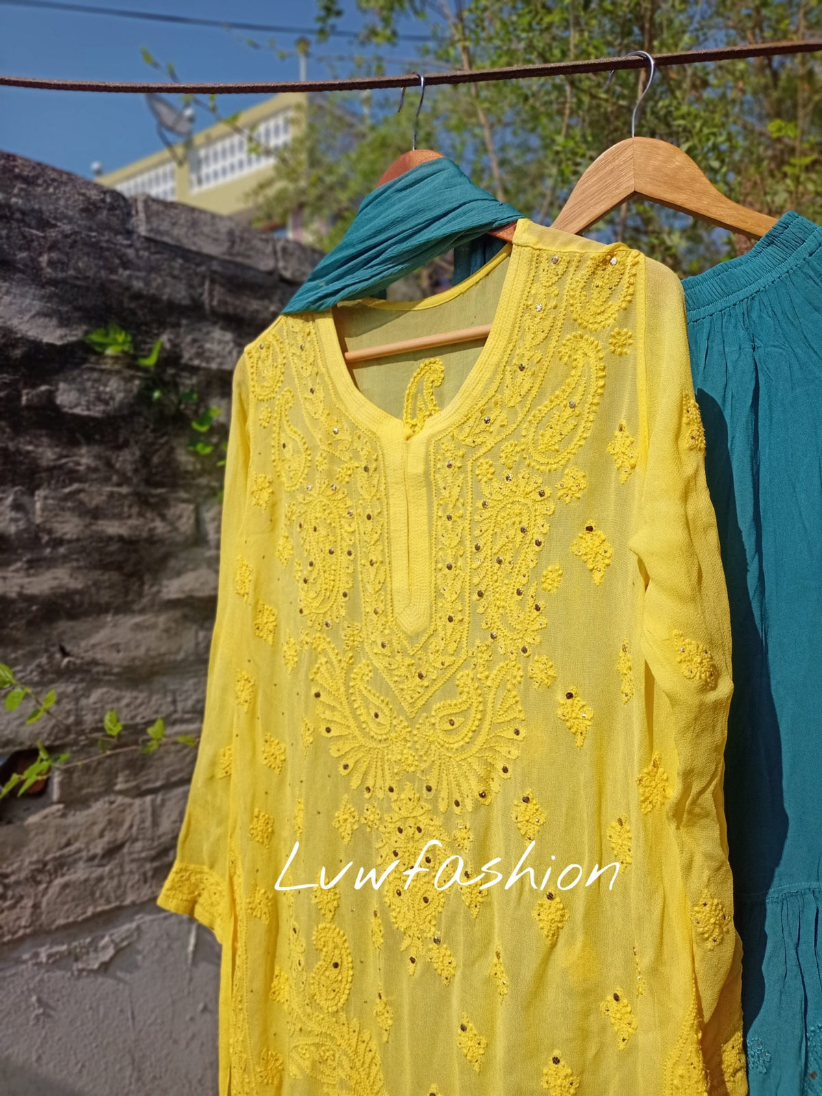 Luxurious LVW Fashion Chikankari 3-piece set in premium georgette, featuring intricate embroidery and elegant design.