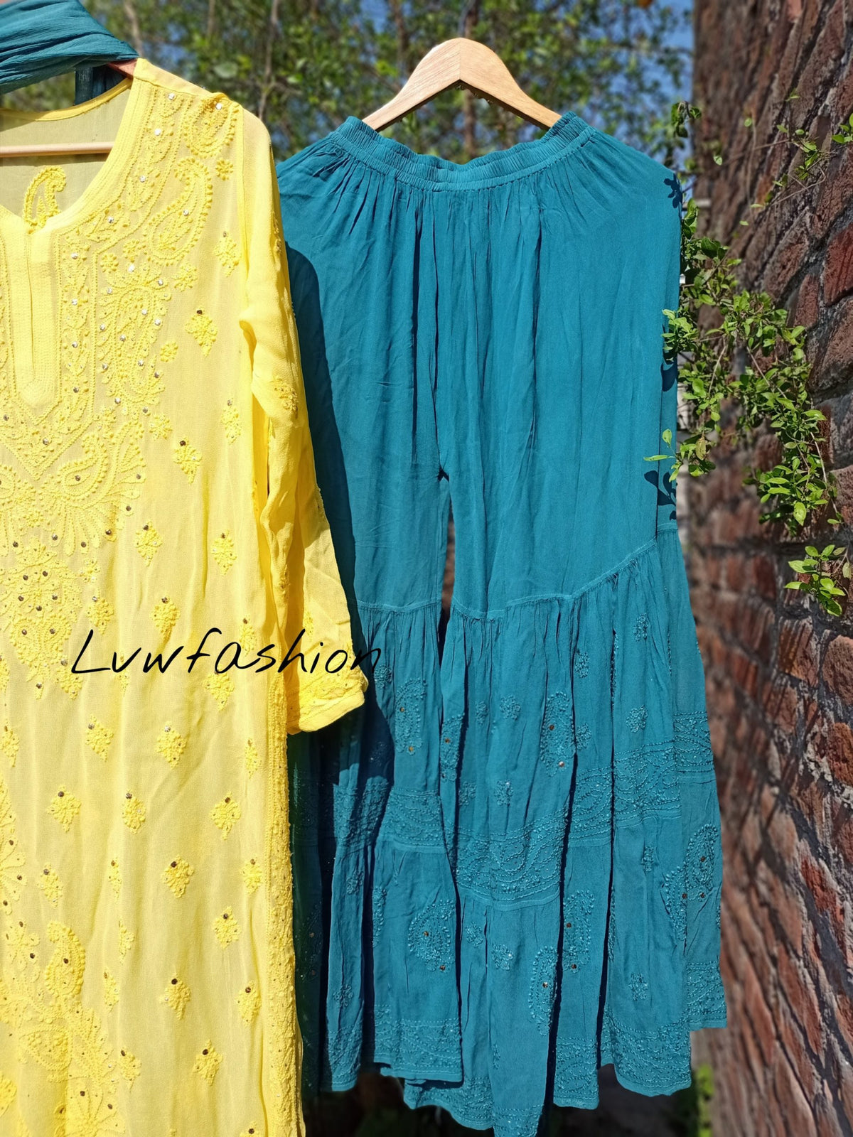 Elegant LVW Fashion luxurious chikankari 3-piece set in premium georgette, showcasing intricate embroidery and vibrant fabric.