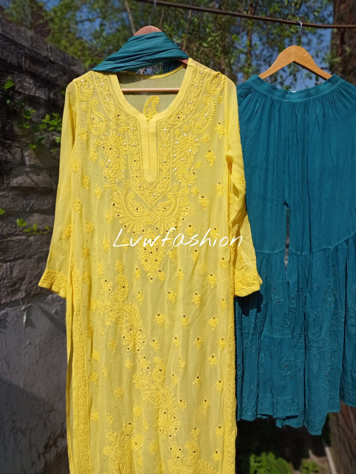 Beautiful LVW Fashion Luxurious Chikankari 3-piece set in premium georgette, featuring intricate embroidery and elegant design.