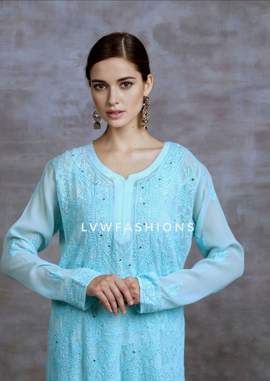 Beautiful cornflower blue premium georgette 3-piece set by LVW Fashion Luxurious Chikankari, featuring elegant traditional design.