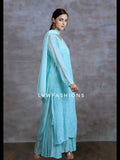 Beautiful cornflower blue premium georgette 3-piece set by LVW Fashion Luxurious Chikankari, featuring intricate embroidery and elegant design.