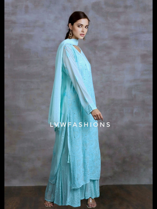 Beautiful cornflower blue premium georgette 3-piece set by LVW Fashion Luxurious Chikankari, featuring intricate embroidery and elegant design.