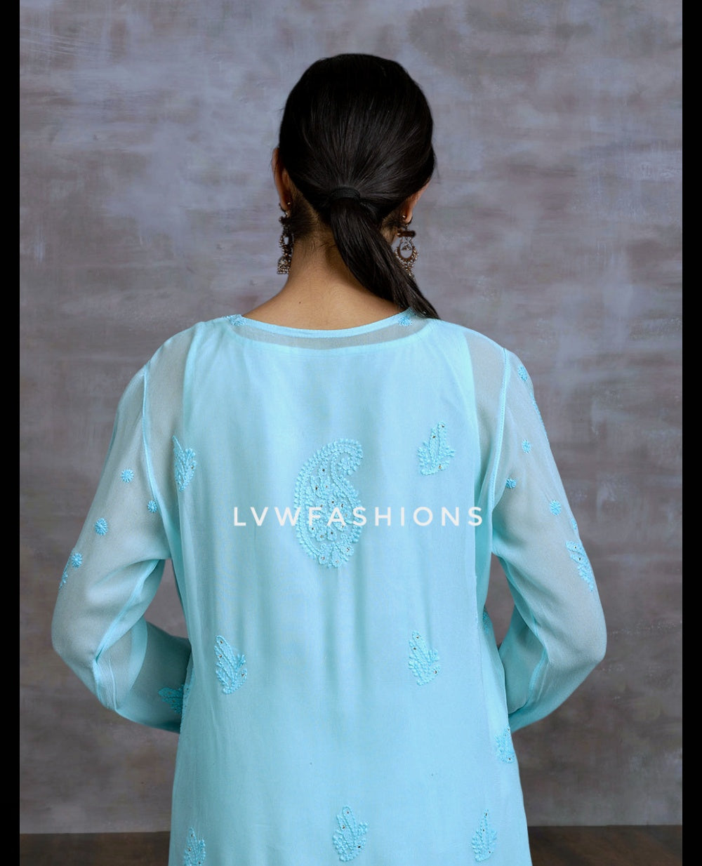 Beautiful cornflower blue premium georgette 3-piece set by LVW Fashion Luxurious Chikankari, featuring intricate embroidery and elegant design.