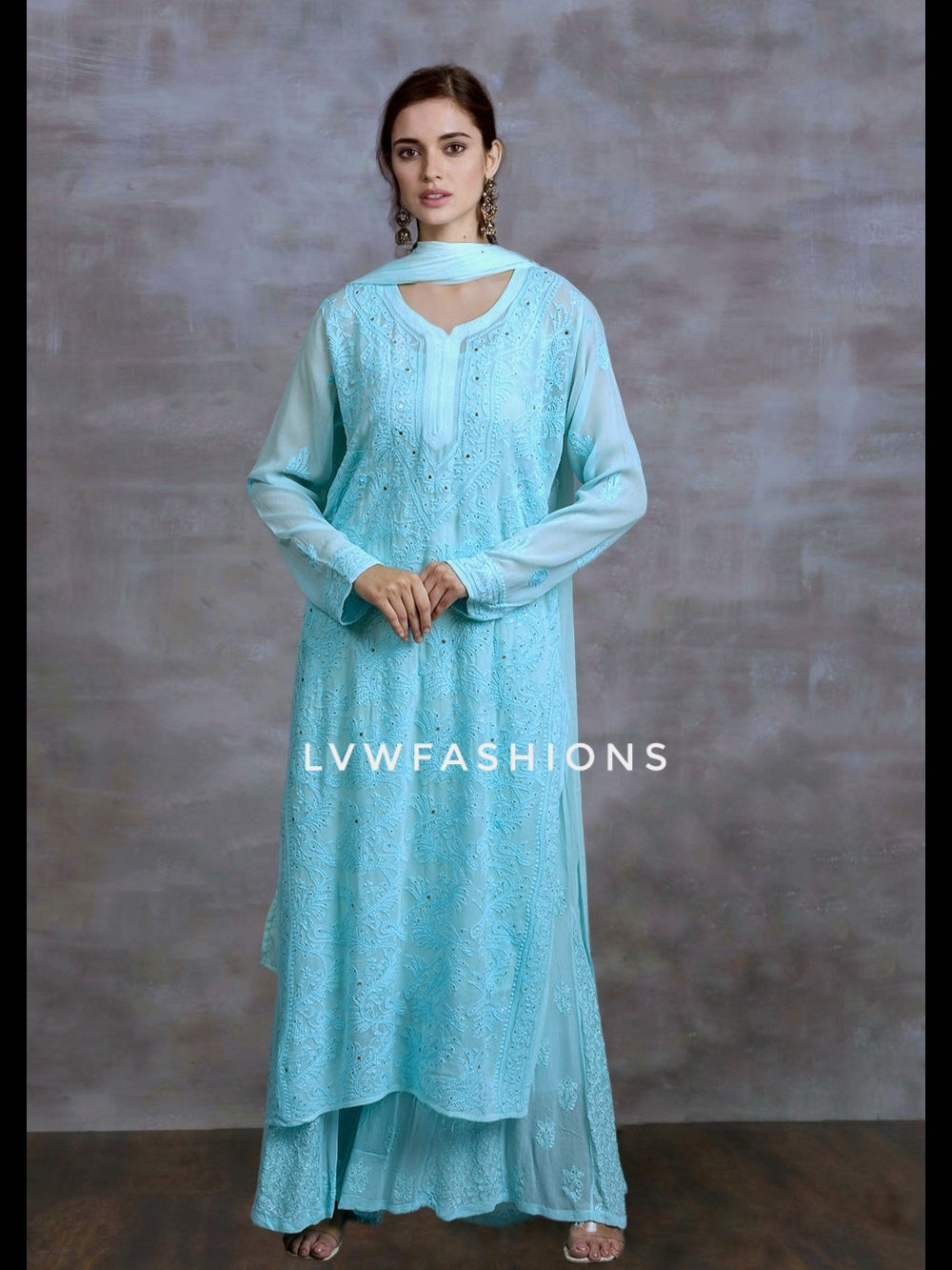 Cornflower blue Premium Georgette 3-piece set with intricate Chikankari embroidery by LVW Fashion, elegant and luxurious.