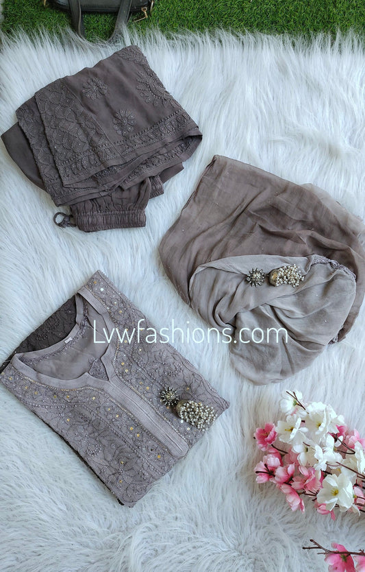 Beautiful gray premium georgette 3-piece sharara set with intricate chikankari embroidery, from LVW Fashion Luxurious Chikankari.
