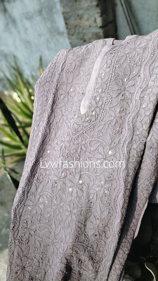 Beautiful gray premium georgette 3-piece Sharara set by LVW Fashion with intricate chikankari embroidery.