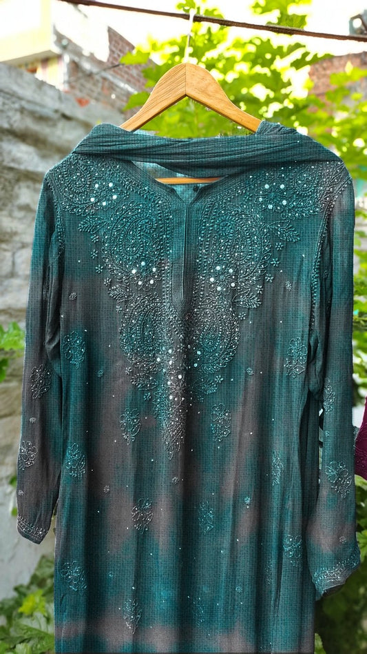 Beautiful gray teal shades premium georgette kurta and dupatta set with intricate chikankari embroidery by LVW Fashion.