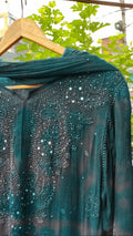 Beautiful gray and teal shades Georgette kurta and dupatta set with intricate Chikankari embroidery by LVW Fashion.