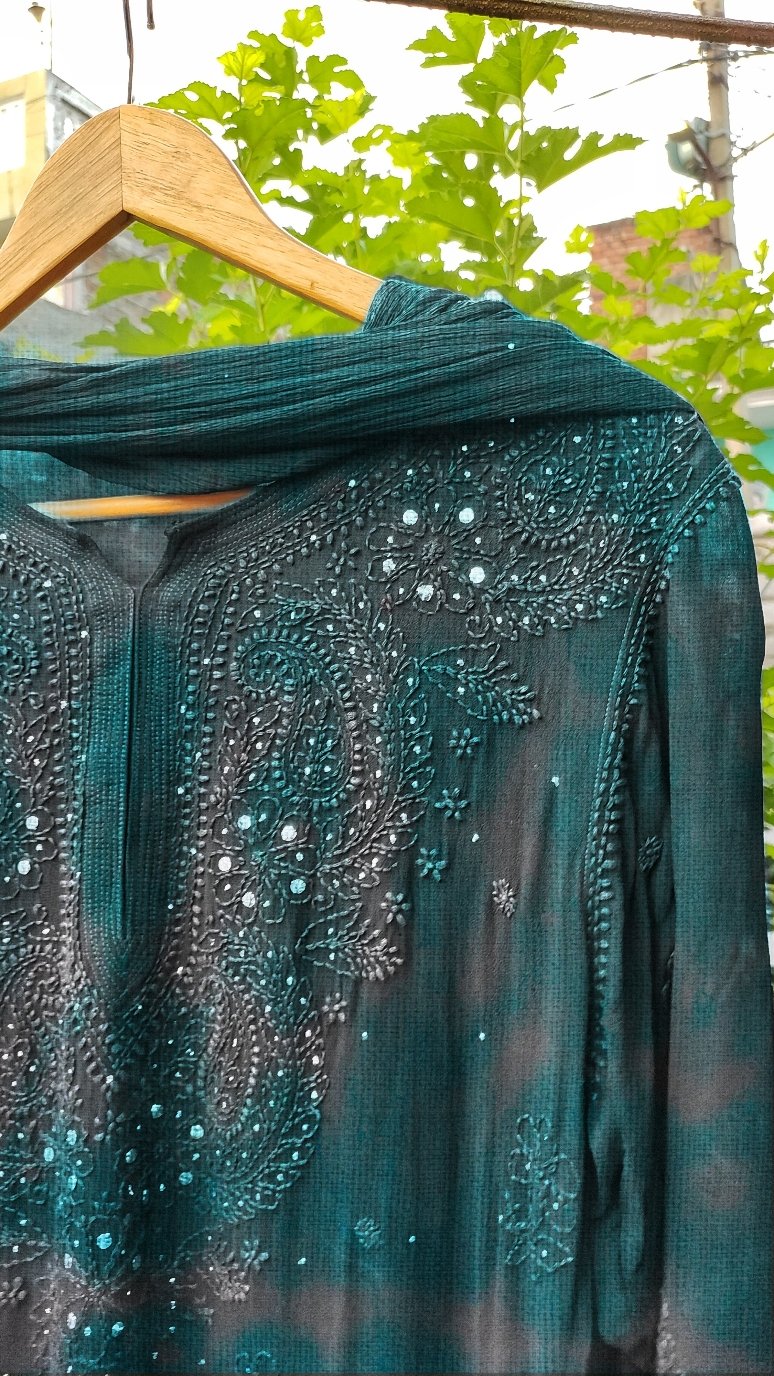 Beautiful gray and teal shades Georgette kurta and dupatta set with intricate Chikankari embroidery by LVW Fashion.