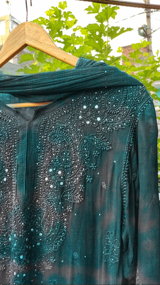 Beautiful gray and teal shades Georgette kurta and dupatta set with intricate Chikankari embroidery by LVW Fashion.