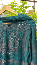 Beautiful gray and teal shades Georgette Kurta Dupatta set with intricate Chikankari embroidery by LVW Fashion Luxurious.