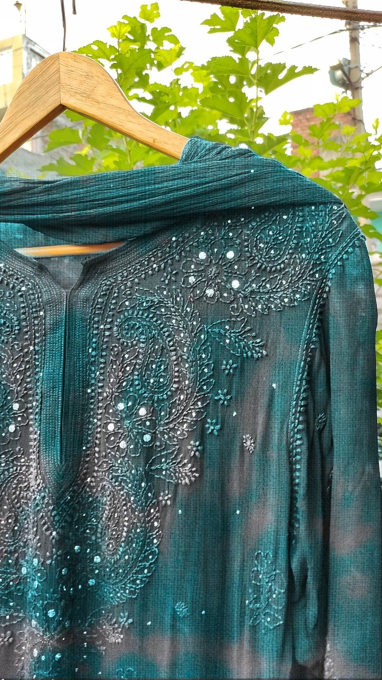 Beautiful gray and teal shades Georgette Kurta Dupatta set with intricate Chikankari embroidery by LVW Fashion Luxurious.