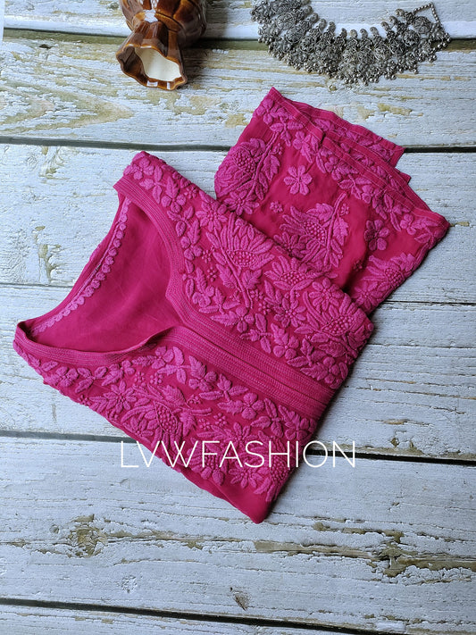 Beautiful magenta long kurta in premium georgette with intricate chikankari embroidery and silk slip by LVW Fashion Luxurious Chikankari.