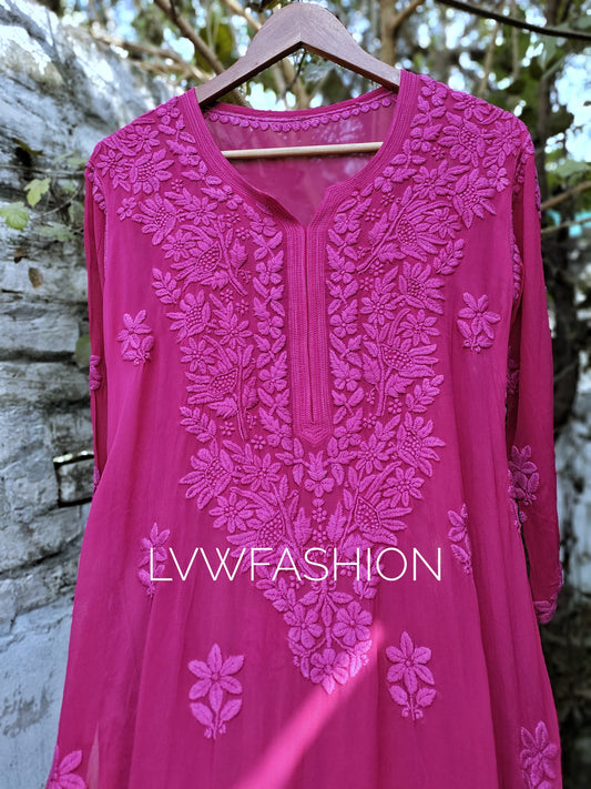 Beautiful magenta premium georgette long kurta with silk slip from LVW Fashion Luxurious Chikankari, featuring intricate embroidery.