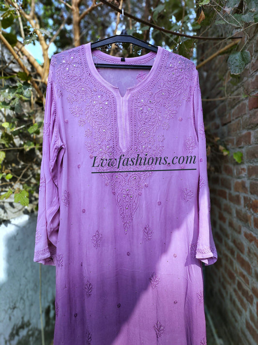 Beautiful LVW Fashion long Chikankari Kurta with neck booties and silk slip, showcasing intricate embroidery and elegant design.