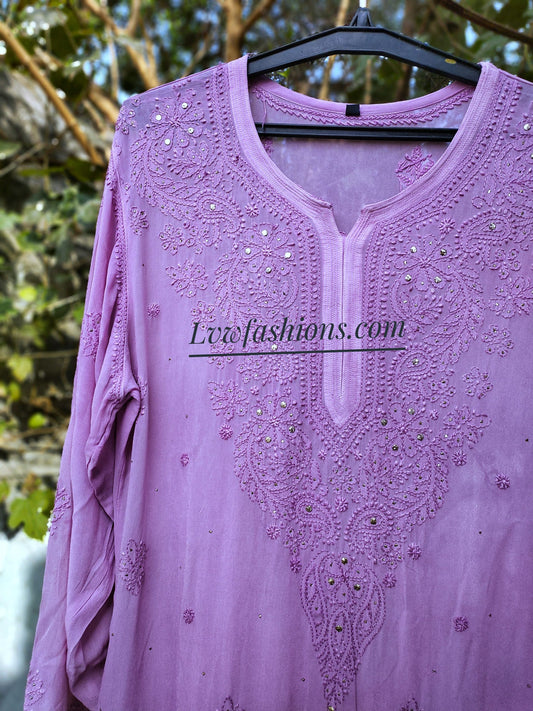 Beautiful long Chikankari kurta with neck booties and silk slip by LVW Fashion, showcasing intricate embroidery and luxurious fabric.