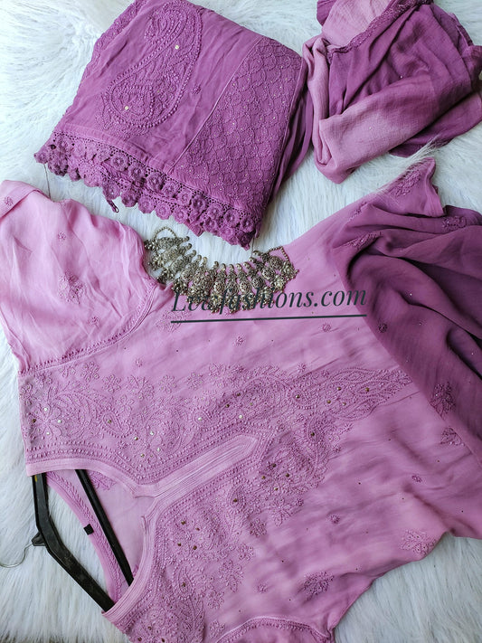 Beautiful ombre shade premium georgette 3-piece sharara set by LVW Fashion Luxurious Chikankari, featuring intricate detailing.