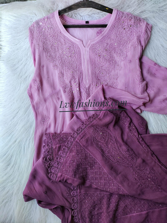 Beautiful ombre shade premium georgette 3-piece sharara set by LVW Fashion with intricate chikankari embroidery.
