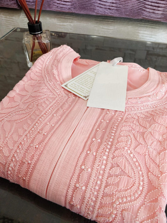 Beautiful peach pastel Resham thread kurta with slip from LVW Fashion Luxurious Chikankari, showcasing intricate embroidery.