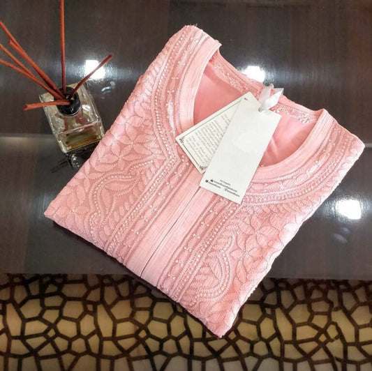 Beautiful peach pastel Resham thread kurta with slip from LVW Fashion, featuring intricate Chikankari embroidery.