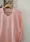 Beautiful peach pastel Resham thread kurta with slip from LVW Fashion Luxurious Chikankari, showcasing intricate embroidery and elegant design.