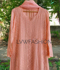 Beautiful peach premium georgette 3-piece set by LVW Fashion with intricate chikankari embroidery, lightweight and elegant.