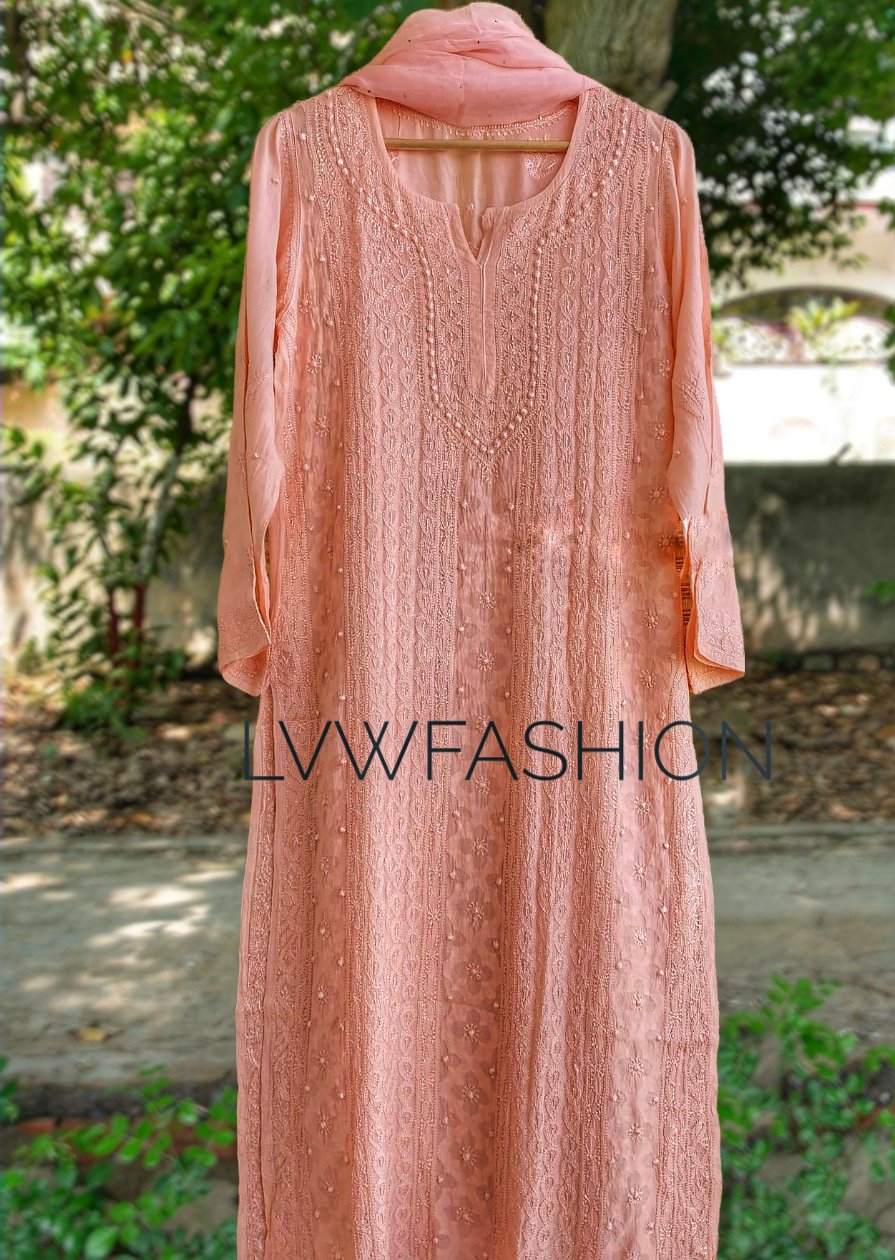 Beautiful peach premium georgette 3-piece set by LVW Fashion with intricate chikankari embroidery, perfect for elegant traditional wear.