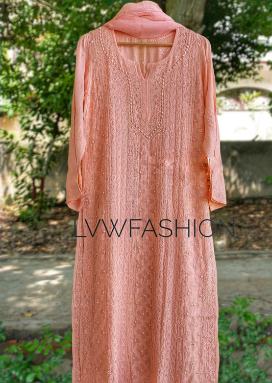 Beautiful peach georgette 3-piece set with intricate chikankari embroidery from LVW Fashion, featuring elegant traditional styling.