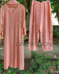 Beautiful peach premium georgette 3-piece set by LVW Fashion Luxurious Chikankari featuring intricate embroidery and elegant fabric.